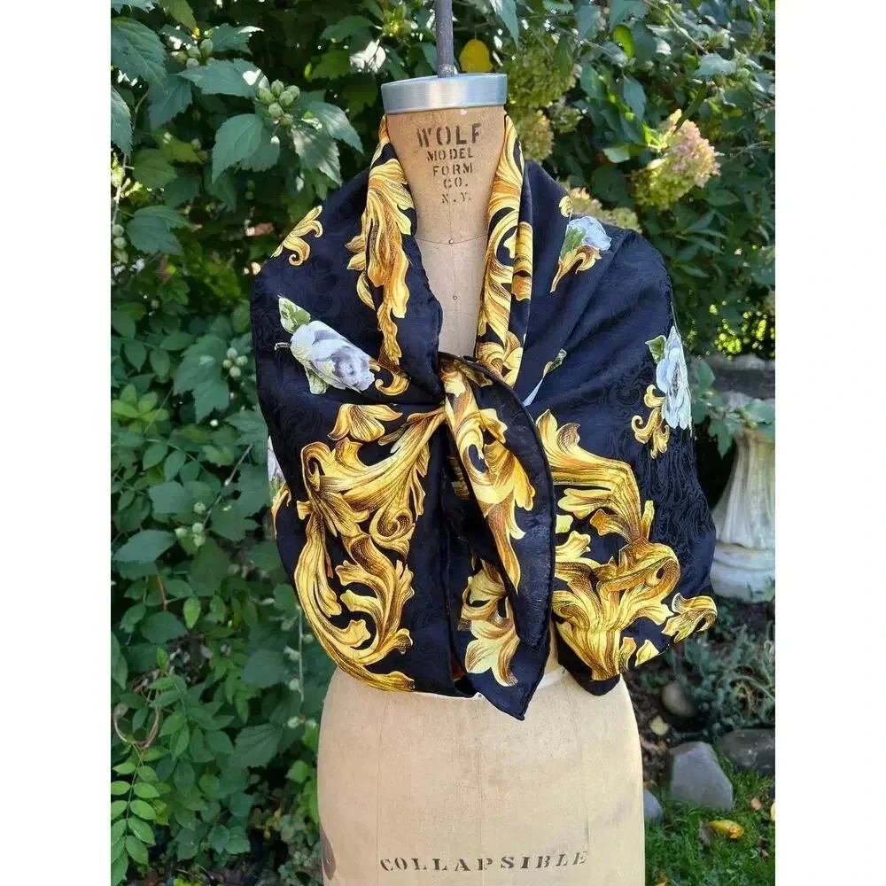 Jeannene Booher/Maggy London Scarves Signed Black/Gold Silk Scarf NWOT OS